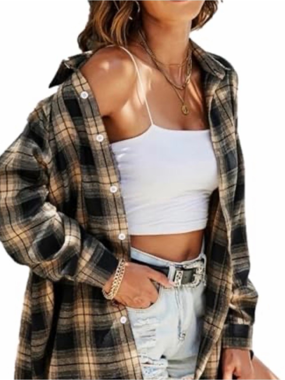 Oversized Black and Tan Plaid Button-Up Shirt - unisex